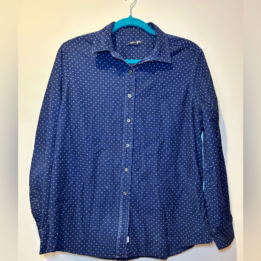 Lands End Top Shirt Womens Medium Blue Polka Dot Corduroy Button Up 100% Cotton